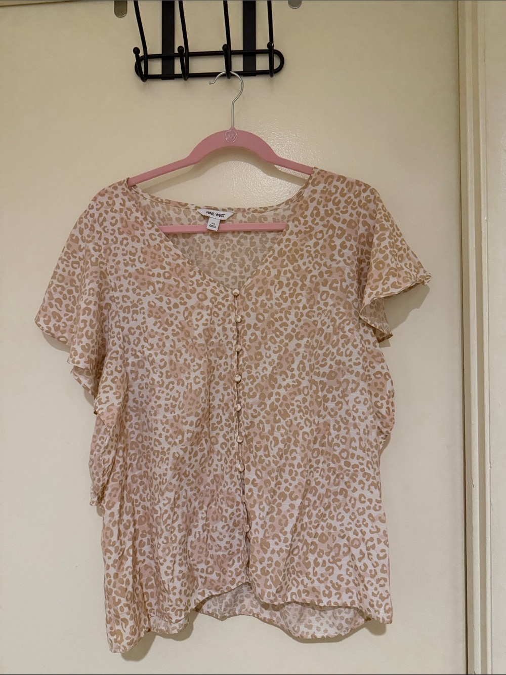 Nine West Leopard Print Button-Front Flutter Sleeve Blouse - Beige